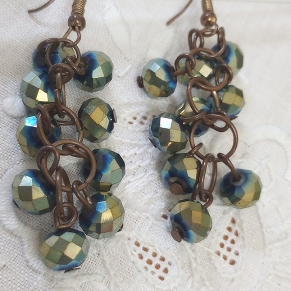 Vintage Carnival faceted Glass peacock grape cluster dangle Earrings - Picture 3 of 4